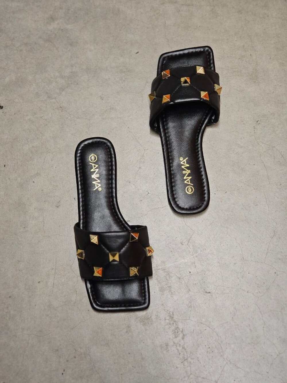 Black Quilted Slides With Gold Studded Detail For Women - Square Toe Slip-On San - Picture 8 of 10